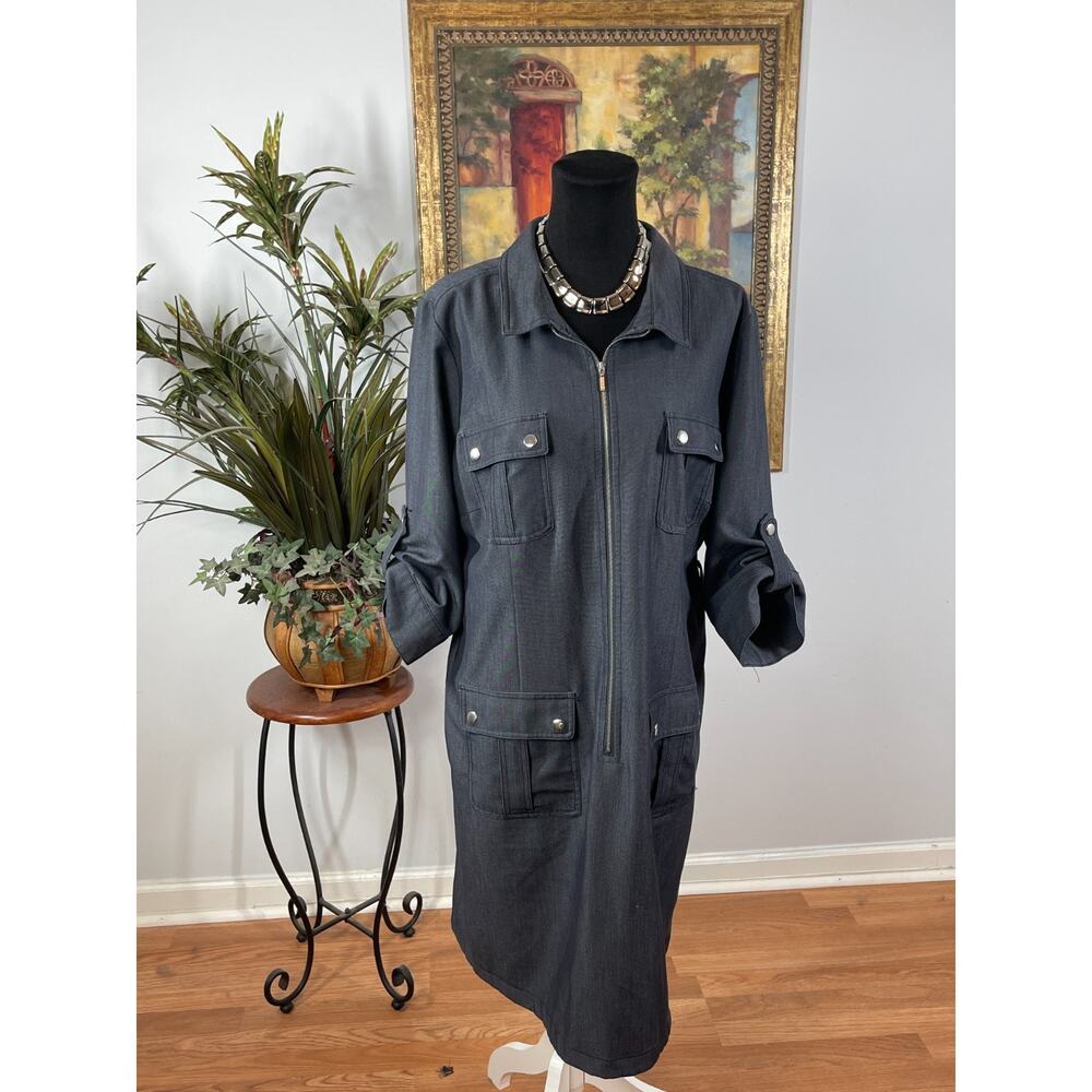 Sharagano Cargo Utility Shirt Dress Women's L Charcoal Gray Gorpcore Utilitarian